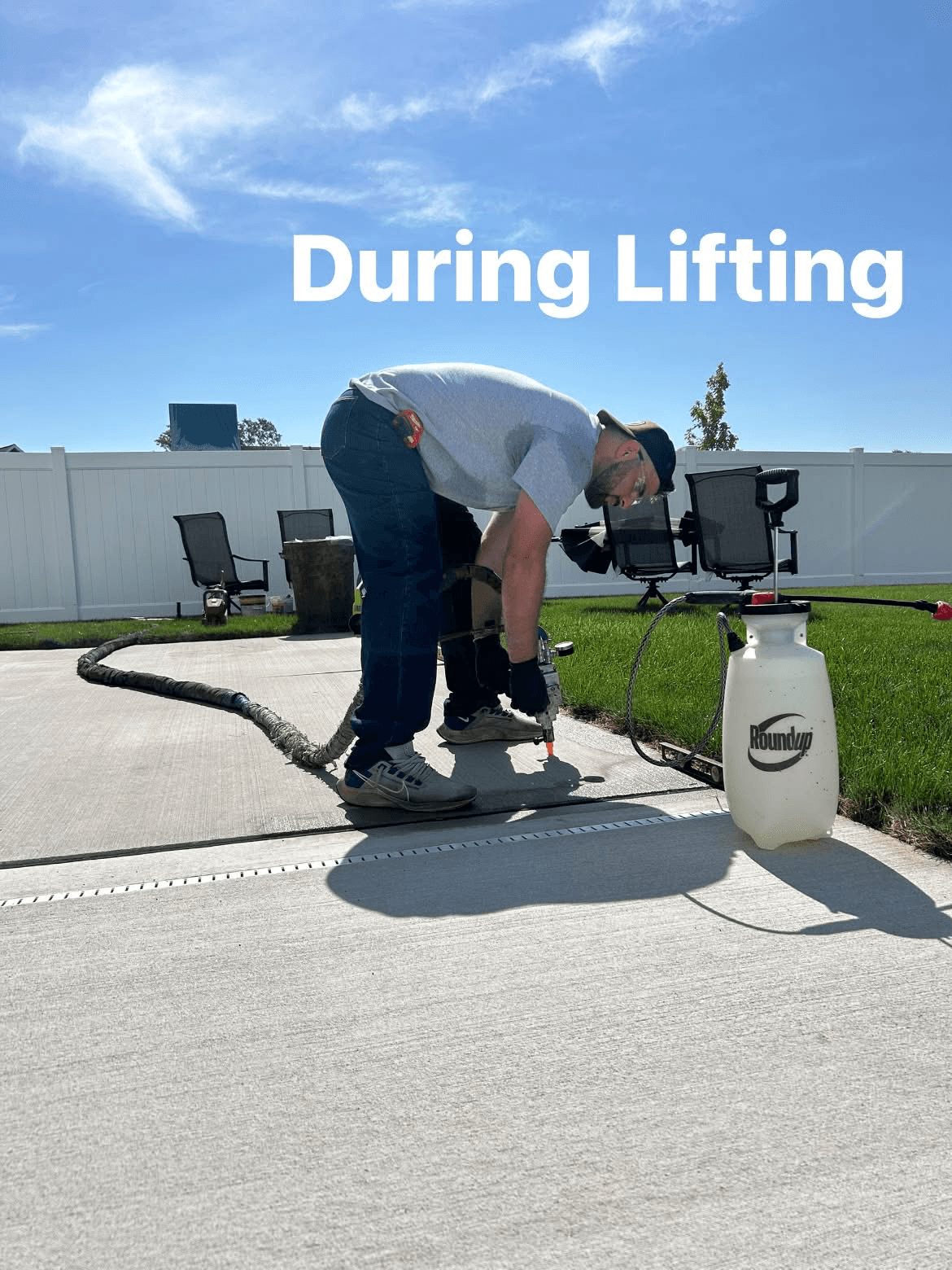 A DD Concrete Leveling technician injecting polyurethane foam to raise the slab (labeled During Lifting)