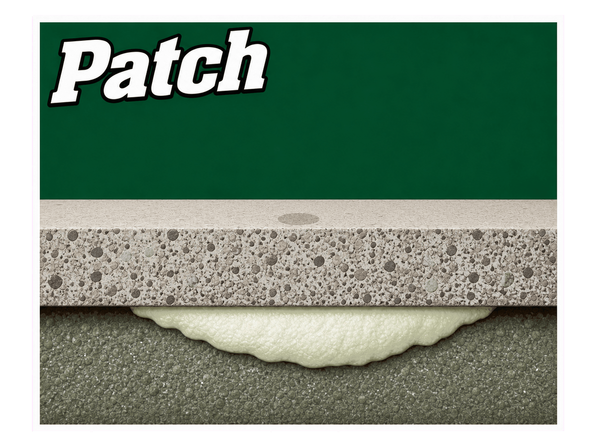 Diagram: the drilled port patched flush, foam cured beneath the slab