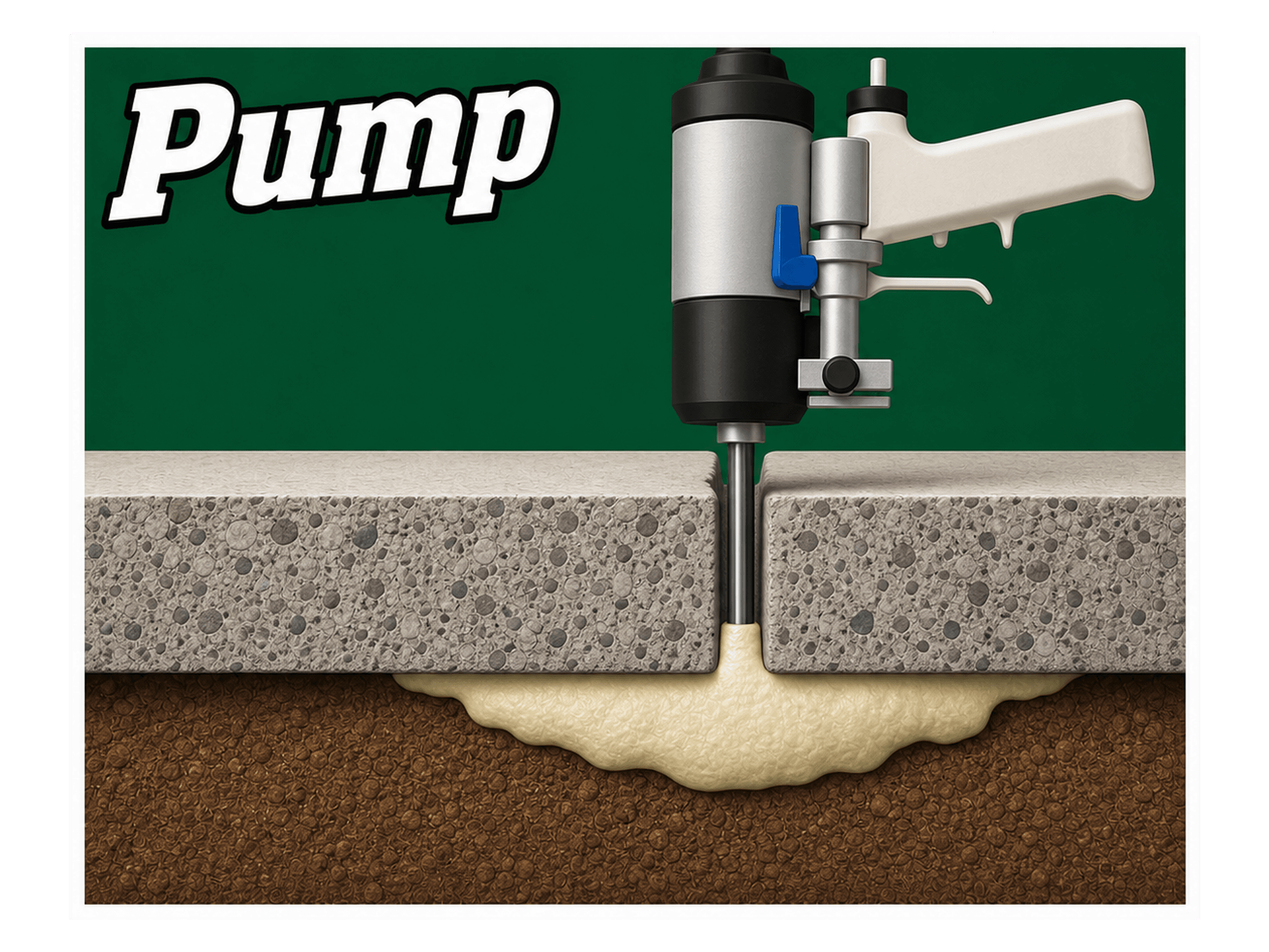 Diagram: polyurethane foam pumped under the slab, filling the void and lifting it